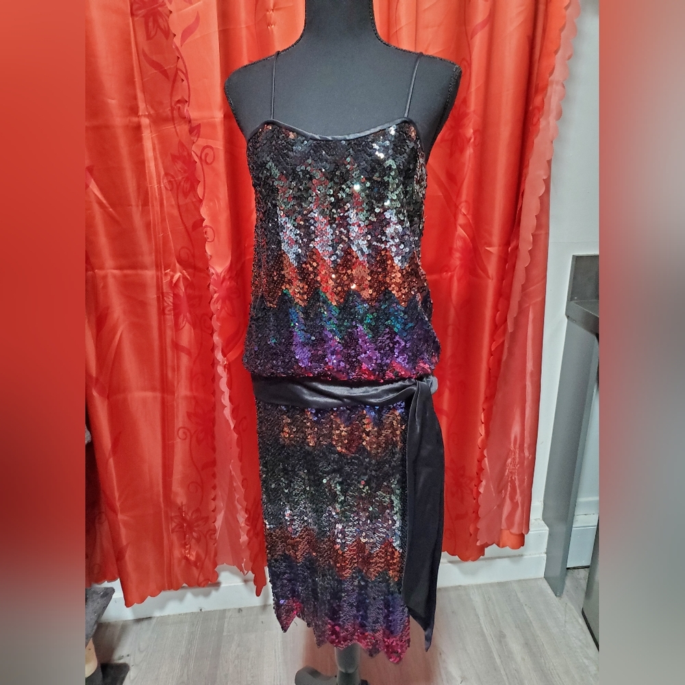 Vintage Multicolored Sequin Spaghetti Strap Chevron Dress sz 5/6